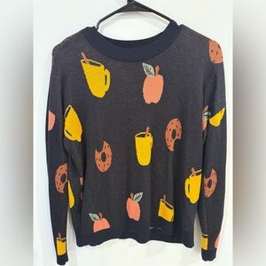 LOFT Fall Print Sweater Apple Coffee Donut Knit Top Size Small